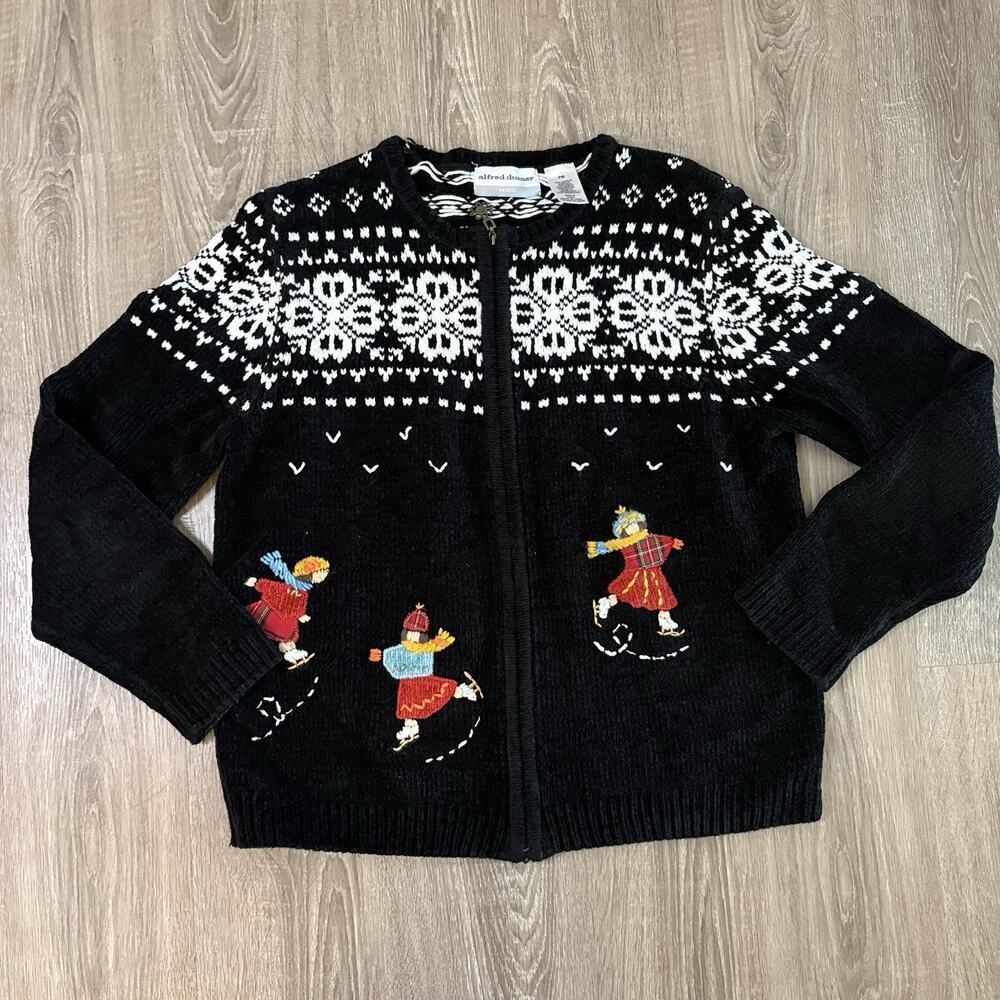 VTG Alfred Dunner Cardigan Sweater Ice Skaters Winter Christmas Fair Isle M Pet - Picture 2 of 8